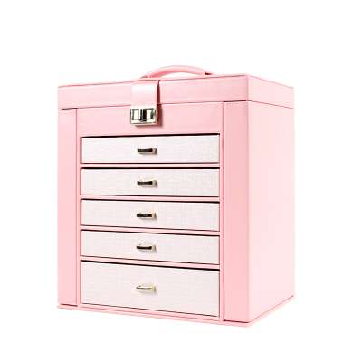 Wholesale custom leather jewelry storage box organizer with five drawers and mirror