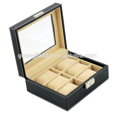 Leather 6 Slots Watch Box Lockable Watch Case Organizer Black